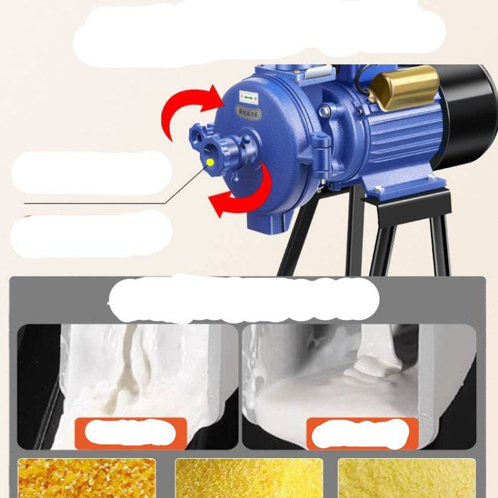 Blue machine with text and arrows indicating directionality on a beige background