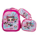 Pink school bag set with LOL Surprise! characters on a white background