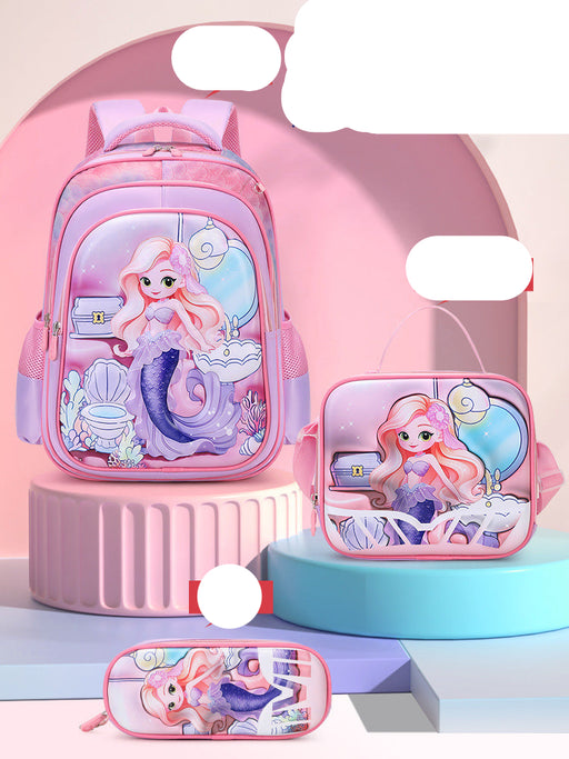 Pink backpack with mermaid design on a pink background