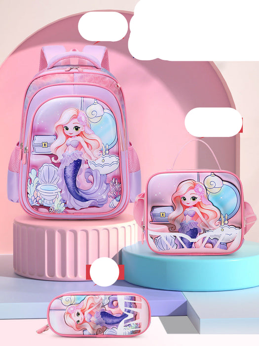 Pink backpack with mermaid design on a pink background
