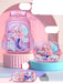 Pink backpack with mermaid design on a pink background