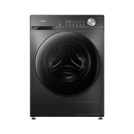 Black washing machine with Midea branding on a white background