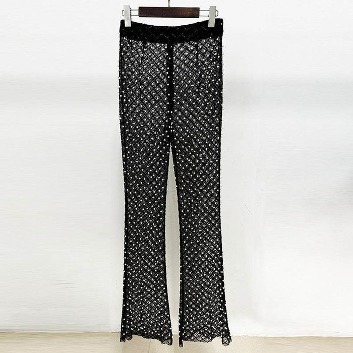 Three-Dimensional Flower Pearl Sequined Mesh Trousers Suit - Dio Kollections