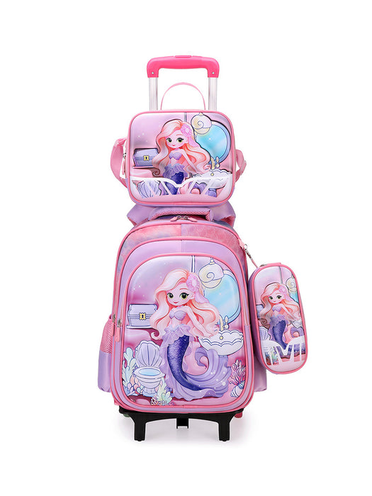 Pink children's backpack with mermaid design on a white background