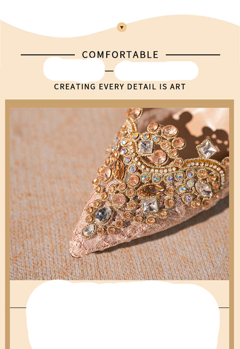 Elegant gold and crystal earring on a textured beige background with text about comfort and artistry.