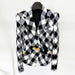 Black and white checkered blazer with gold buttons on a white background