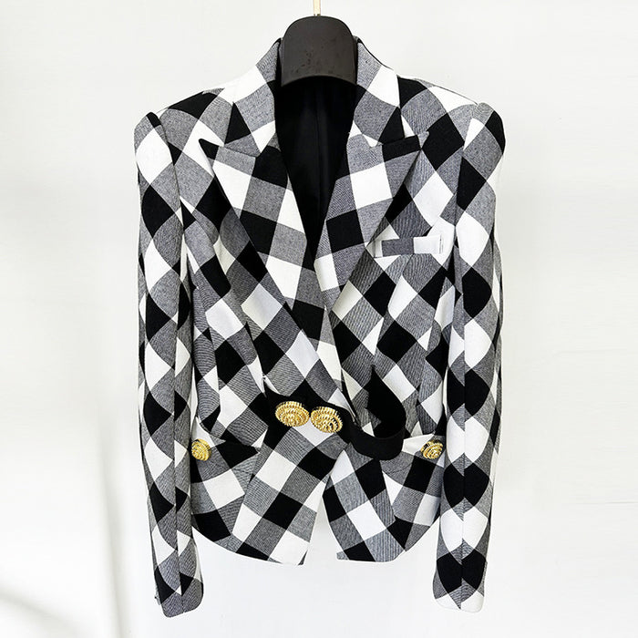 Black and white checkered blazer with gold buttons on a white background