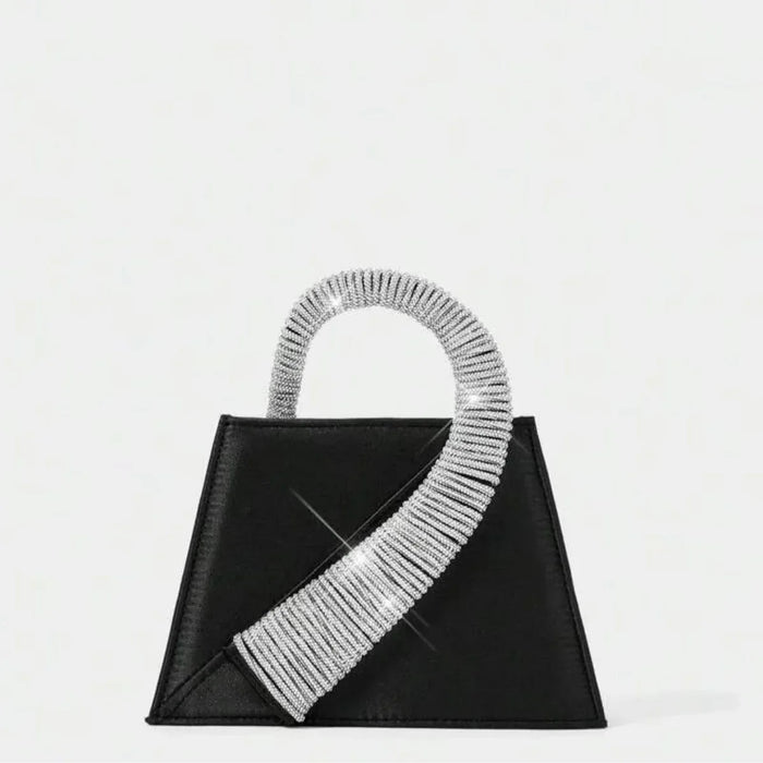 Black handbag with a silver, ribbed handle on a white background
