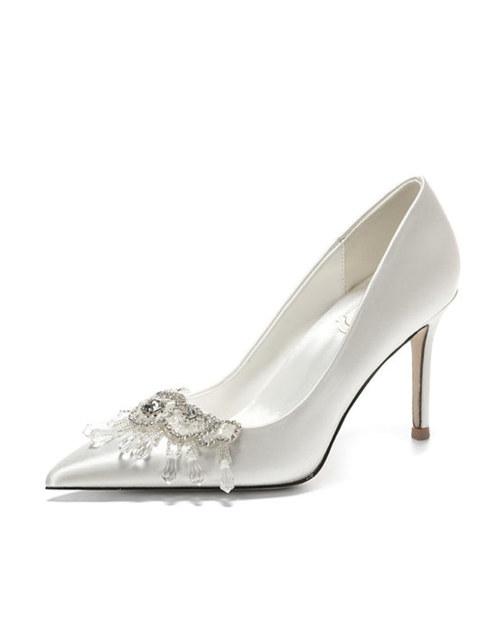 French Pointed Toe Rhinestone Elegant White Satin High Heel Wedding Shoes