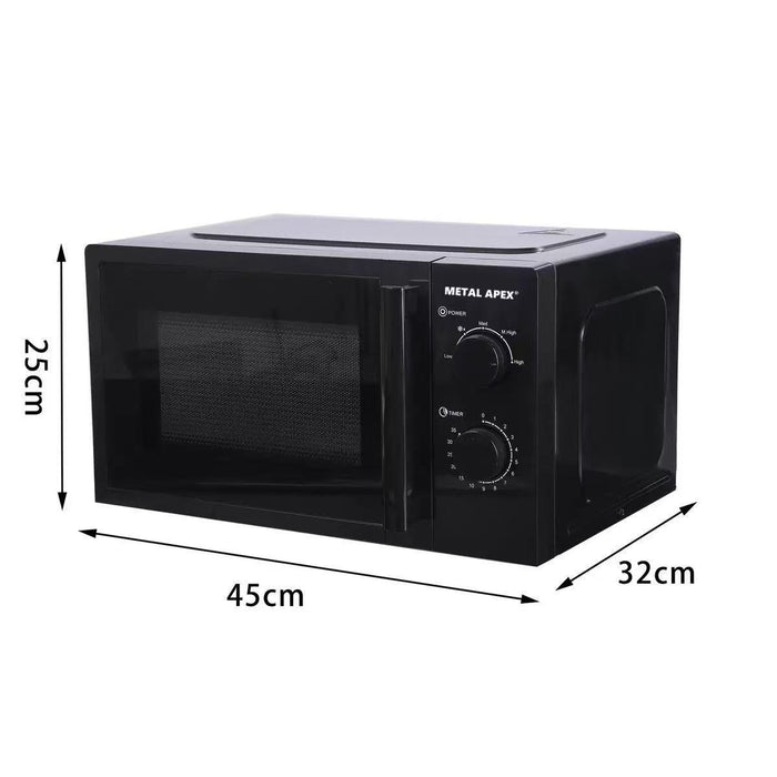 Black microwave oven shown on a white background with dimension arrows and labels indicating 45cm width, 32cm depth, and 25cm height.