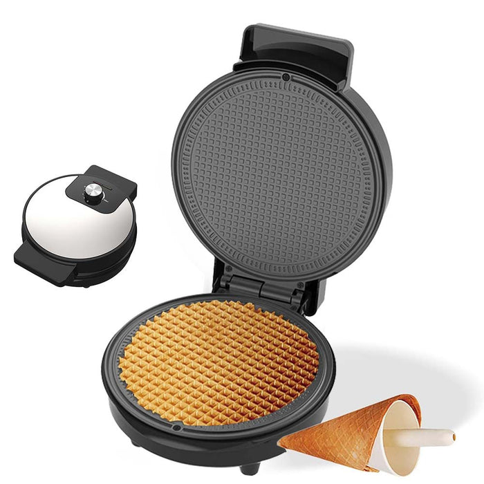Waffle cone maker with a waffle cone on a white background