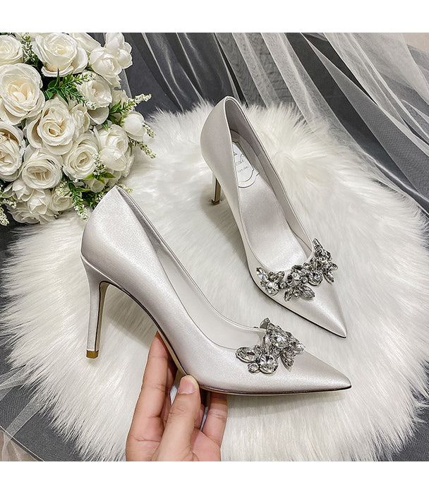 Crystal Champagne White Satin Bridesmaid Stiletto High Heel Shoes