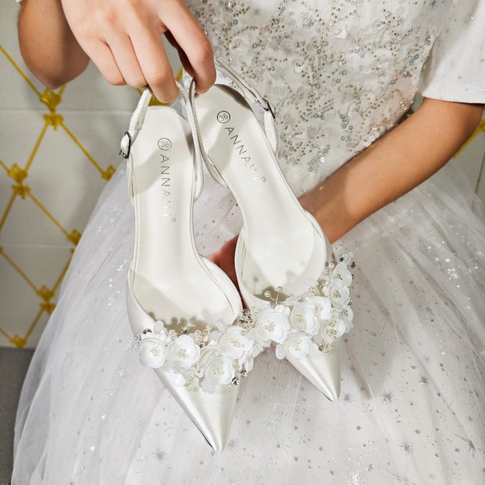 French Satin Shallow Floral Fairy Style Open Back Pumps Wedding Shoes