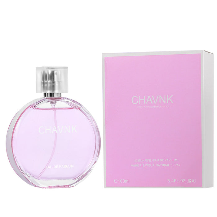 Pink perfume bottle and packaging with 'CHAVNK' branding on a white background