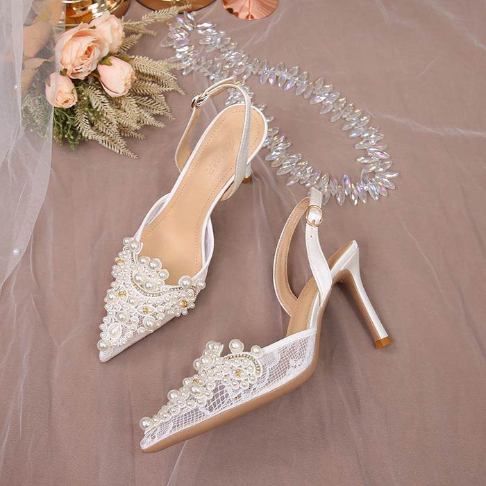Elegant Pearl Stiletto Heels for Women – High Fashion Lace Wedding Shoes - Dio Kollections