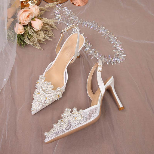 Elegant Pearl Stiletto Heels for Women – High Fashion Lace Wedding Shoes - Dio Kollections