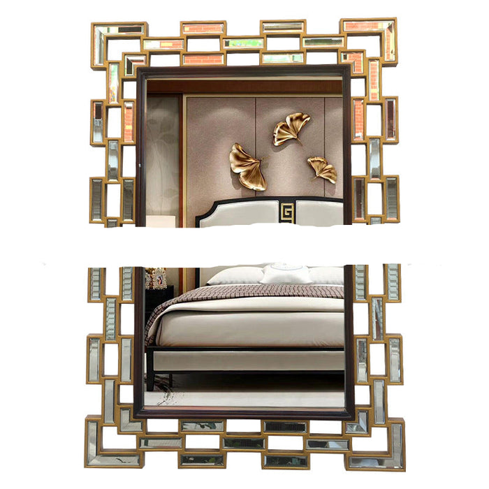 Decorative wall mirror with geometric frame in a bedroom setting
