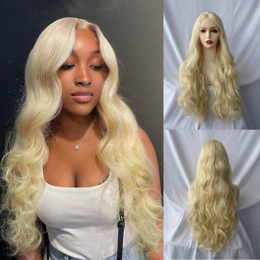 Blonde wig on a mannequin head with close-up views against a white background