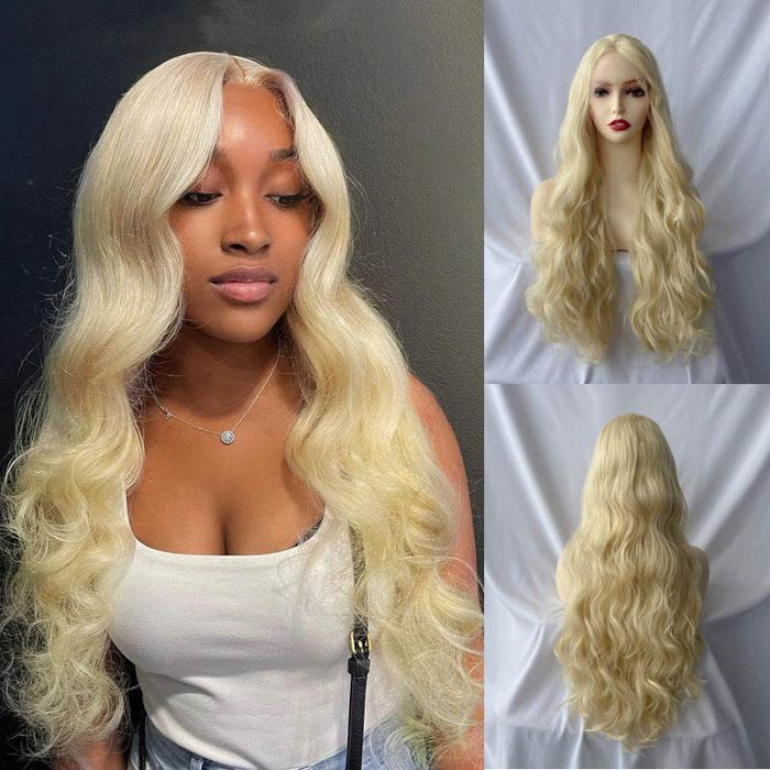 Blonde wig on a mannequin head with close-up views against a white background