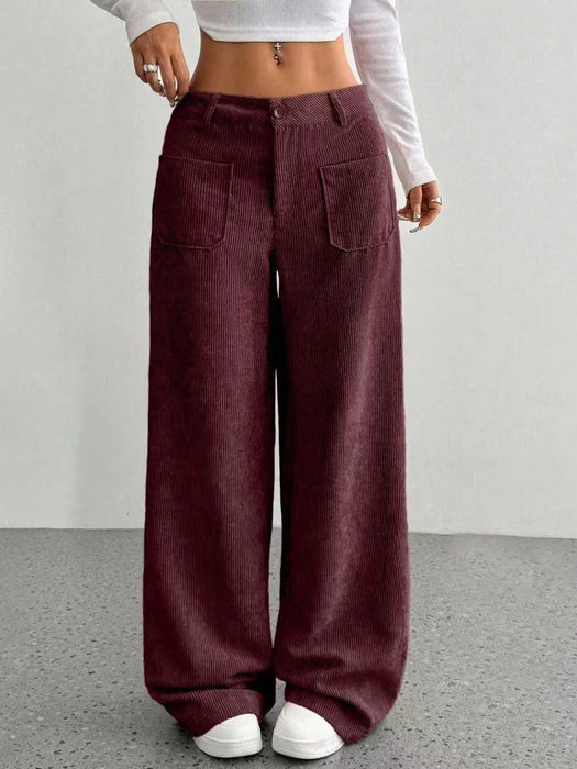 Corduroy High-Waisted Loose Floor-Length Wide-Leg Pants Front and Back Pockets