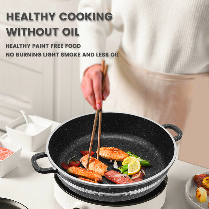 Person cooking food in a non-stick pan with text about healthy cooking without oil.