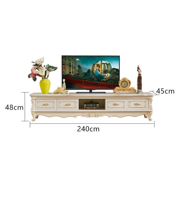 Measurement chart of a TV stand with dimensions and product specifications.