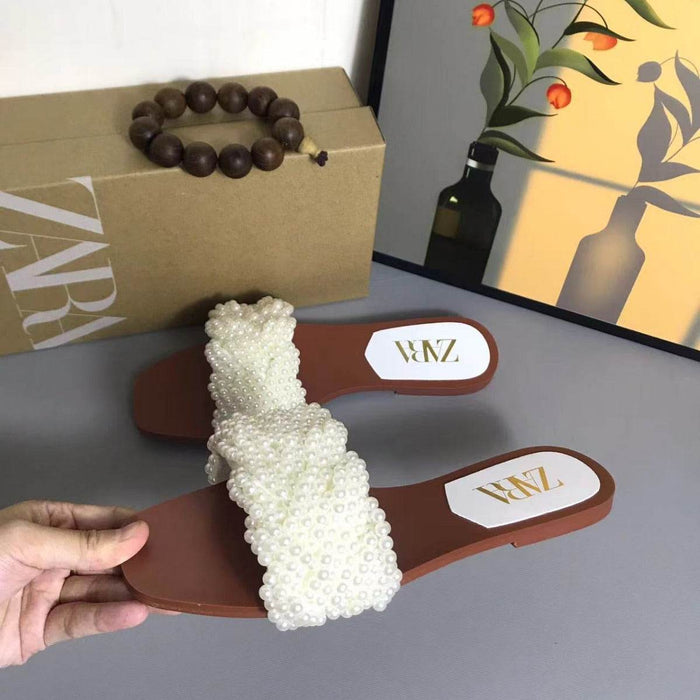 Women's White Pearl Woven Flat Sandals - Versatile & Fashionable Beach Footwear - Dio Kollections