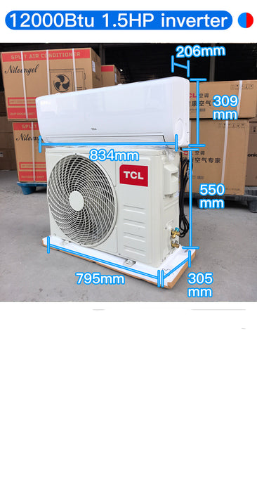 TCL air conditioner with dimensions and specifications displayed