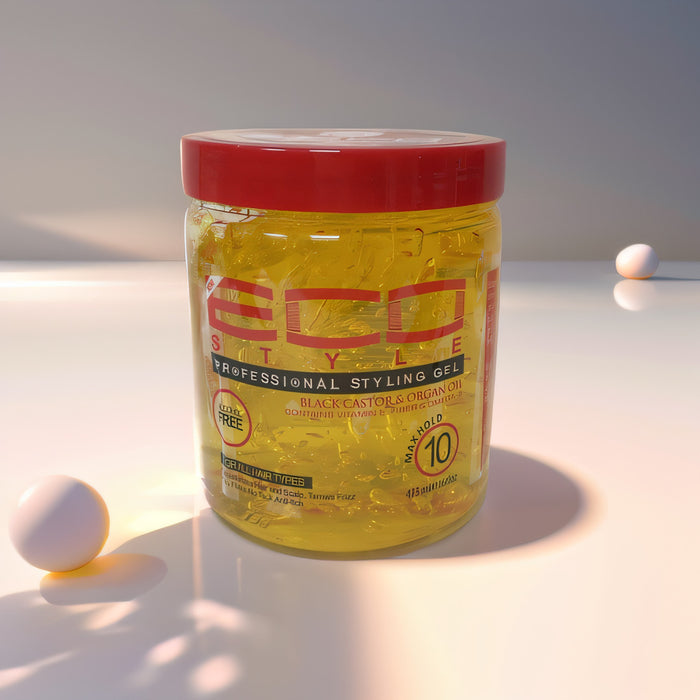 Yellow jar of ECO Style Professional Styling Gel with a red lid on a white surface.
