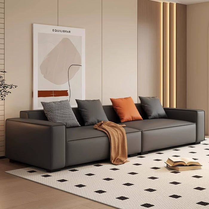 Gray sofa with colorful cushions in a modern living room setting.