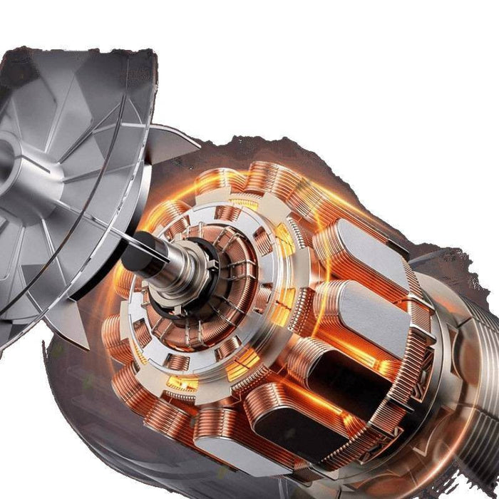 Close-up of a mechanical component with metallic and copper colors on a white background