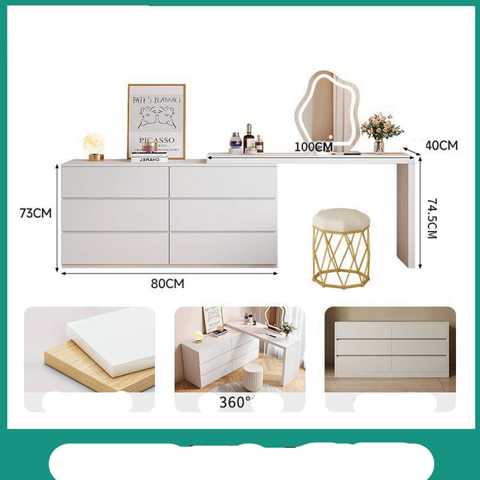 White vanity table with mirror, stool, and decorative items with dimensions displayed.