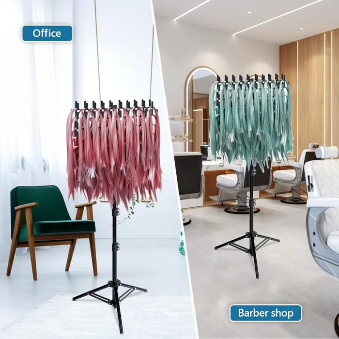 Two stands with ribbons, one labeled 'Office' and the other 'Barber shop', in different settings.