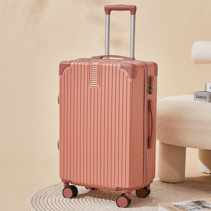 Pink suitcase with wheels on a beige background