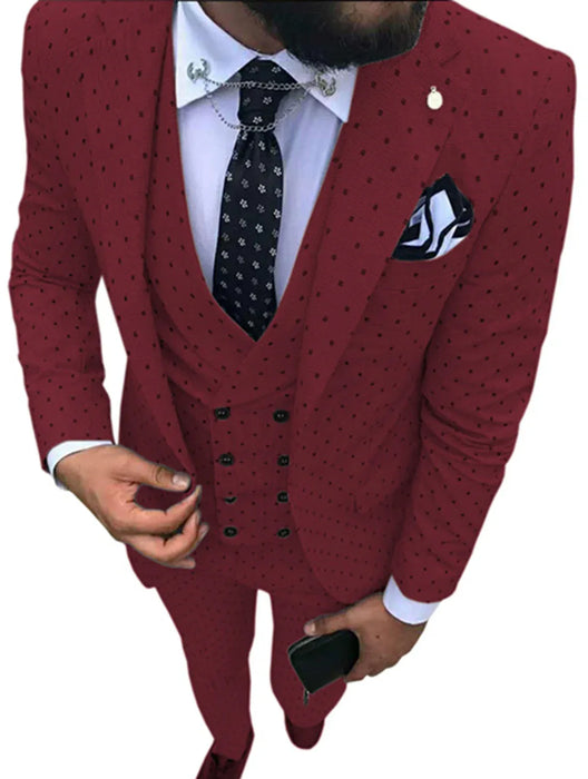 Red patterned suit with a white shirt and black tie on a white background