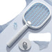 Electric fly swatter with grid design on a light blue background