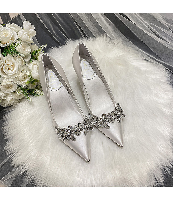 Crystal Champagne White Satin Bridesmaid Stiletto High Heel Shoes