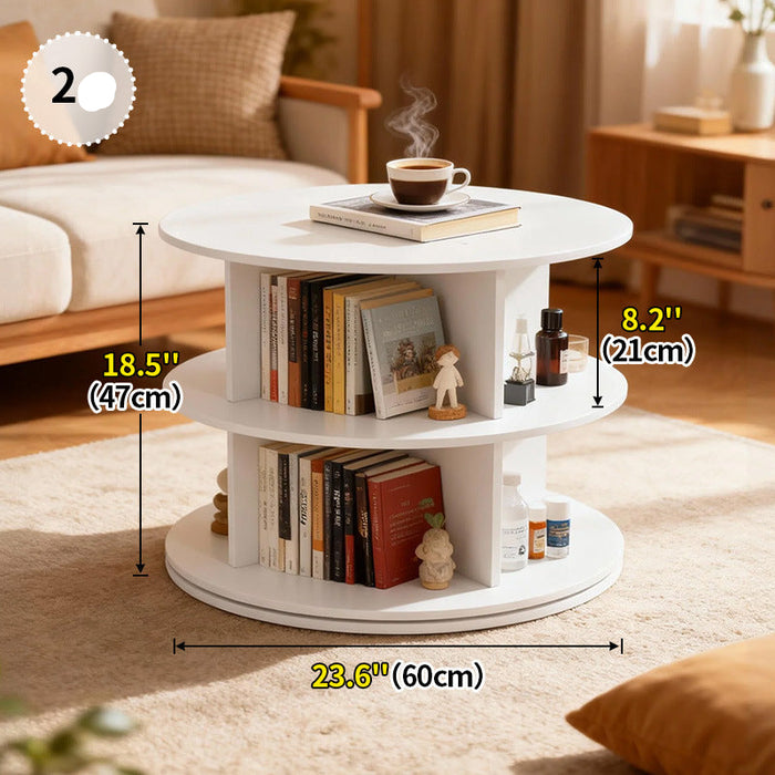White round coffee table with books and a cup in a living room setting, showing dimensions.
