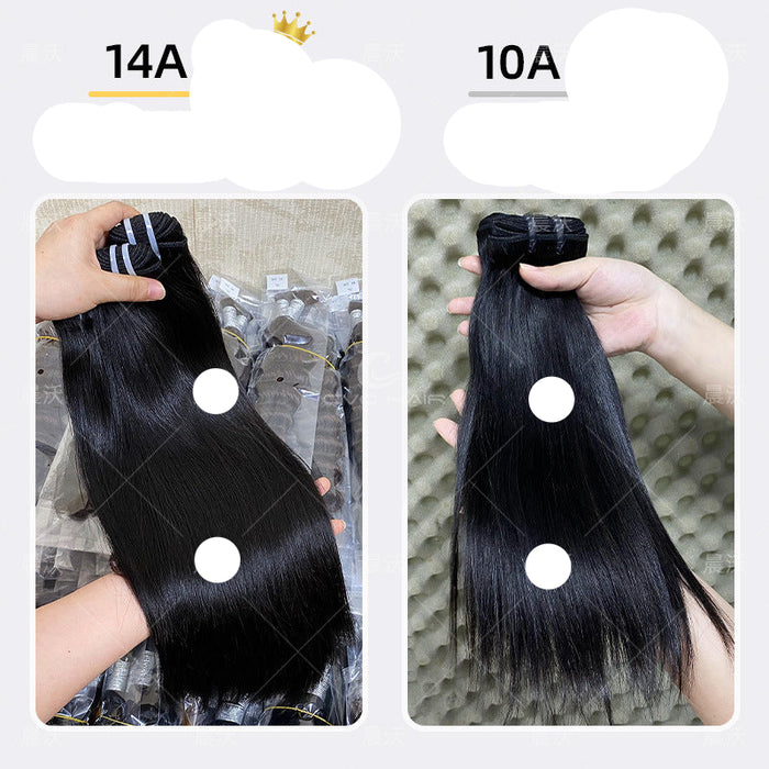 Two images showing hair extensions with text describing product details.