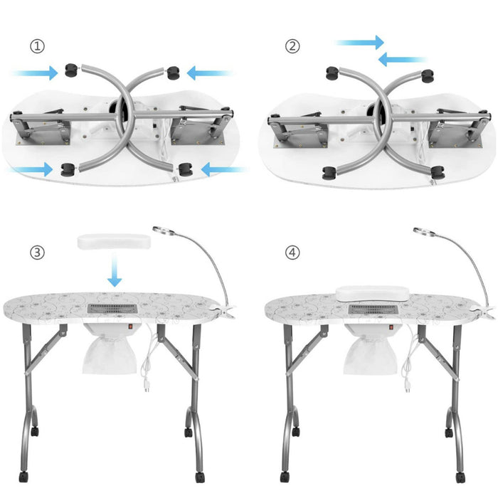 Step-by-step assembly diagram of a folding table with marble-like surface and metal legs.