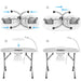 Step-by-step assembly diagram of a folding table with marble-like surface and metal legs.