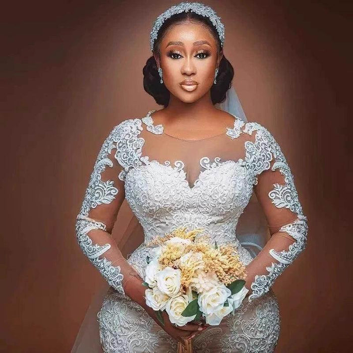 "Dio Eclectic Illusion Pleats Lace Appliques African Mermaid Wedding Dress" - Dio Kollections