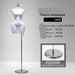 White female mannequin on a stand with size information displayed.