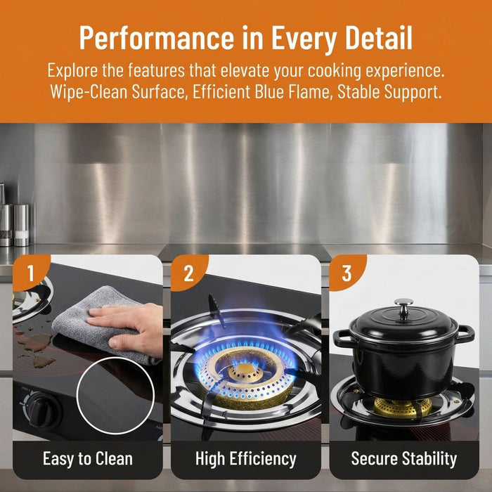 Stainless steel gas stove with features highlighted on an orange background