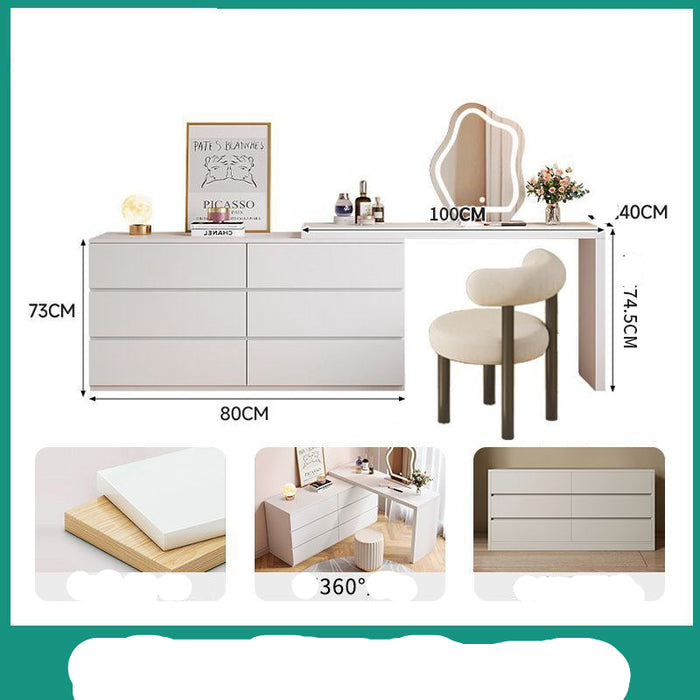 Dressing table with mirror, stool, and dimensions displayed