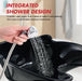 Hand using a showerhead to wash hair in a black basin with text about integrated shower design.