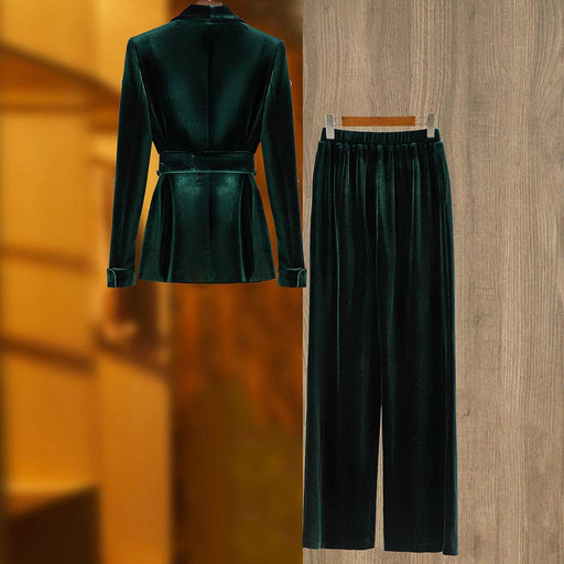 Velvet Beaded Fashion Suit Green Fruit Collar Suit Jacket Lace-up Elastic Wide Leg Pants Two-piece Set - Dio Kollections