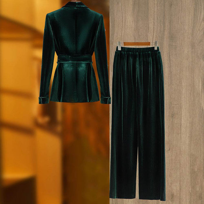 Velvet Beaded Fashion Suit Green Fruit Collar Suit Jacket Lace-up Elastic Wide Leg Pants Two-piece Set - Dio Kollections