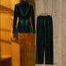 Velvet Beaded Fashion Suit Green Fruit Collar Suit Jacket Lace-up Elastic Wide Leg Pants Two-piece Set - Dio Kollections