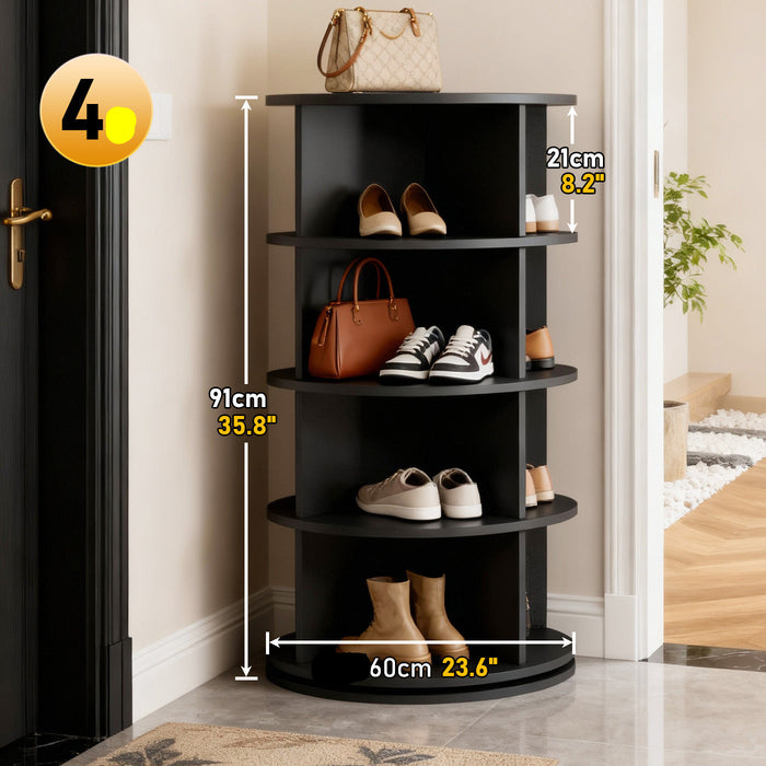 Black shoe rack with shoes and handbags, showing dimensions, in a room setting.